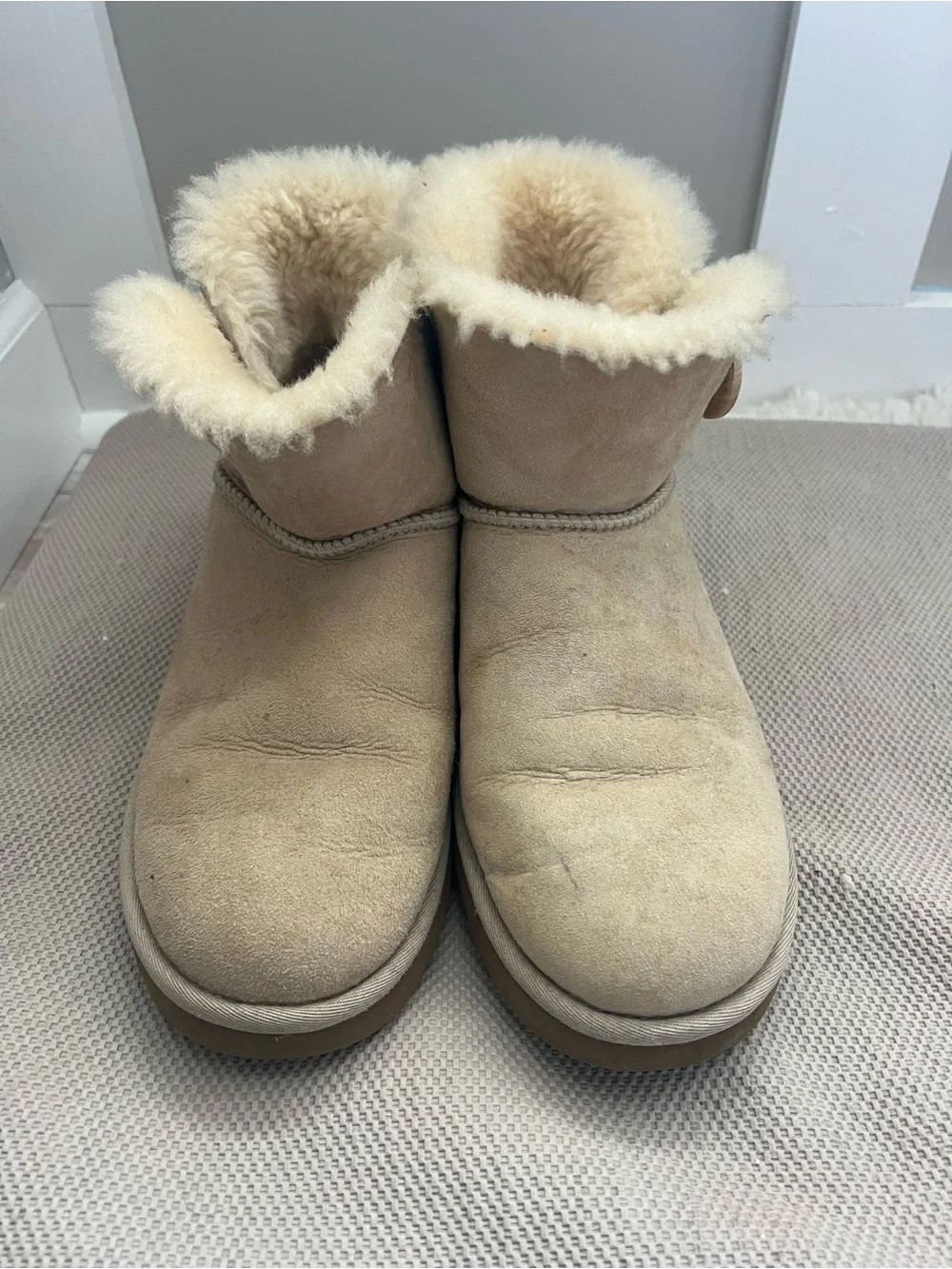 UGG Mini Button Boot in Sand with Shearling Trim